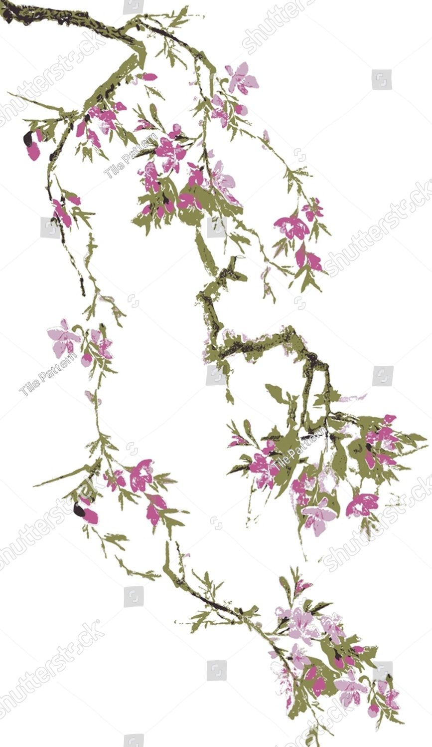 Vector illustration of a floral design featuring pink flowers and green leaves on a white background.