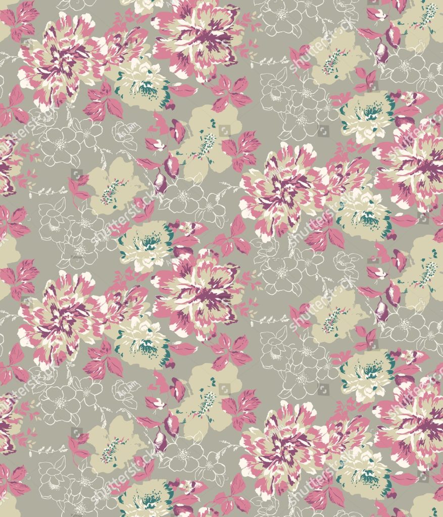 Seamless floral pattern featuring vibrant pink and cream flowers on a gray background.