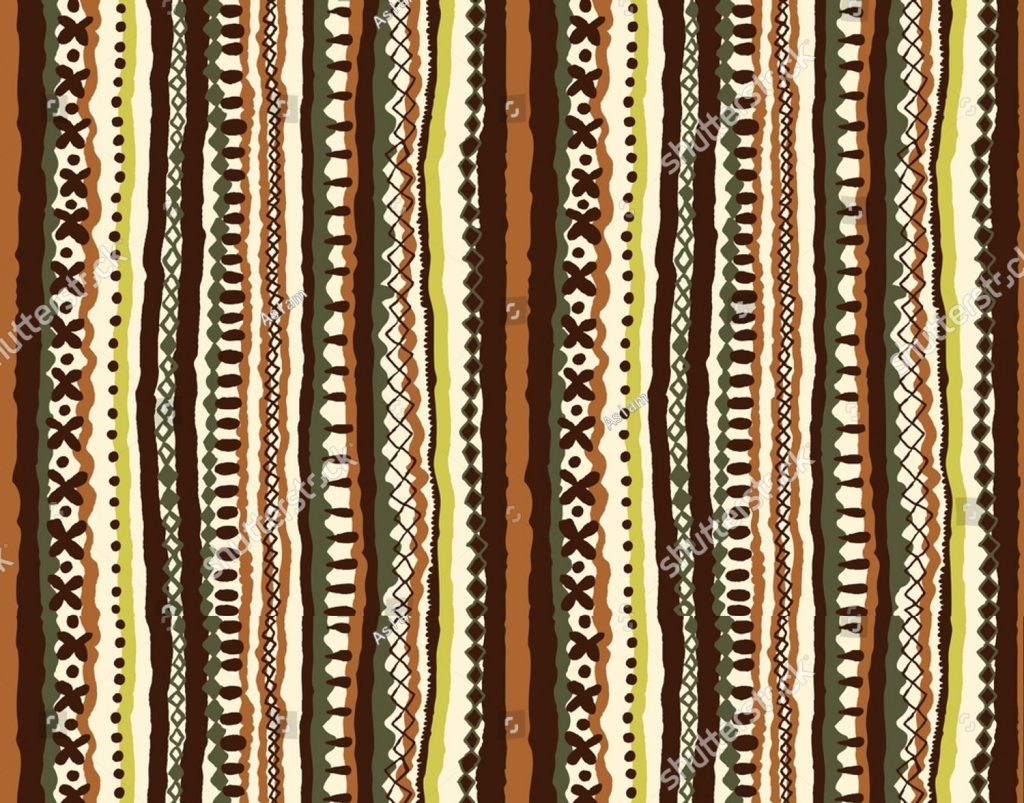 Geometric patterned fabric design featuring vertical stripes in earthy tones of brown, green, and cream, with various decorative elements.